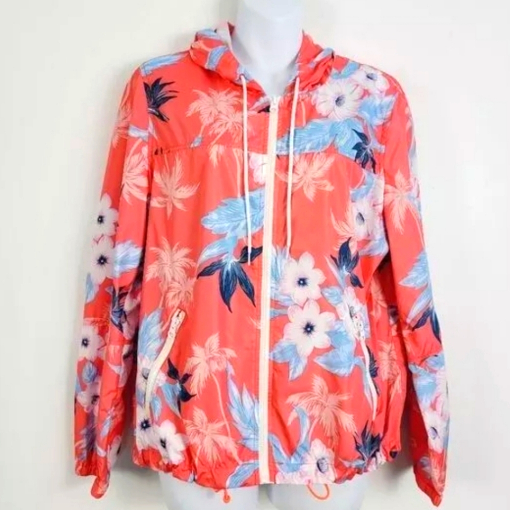 American Eagle Tropical Floral Windbreaker Jacket Pink Blue Hooded Sz XL